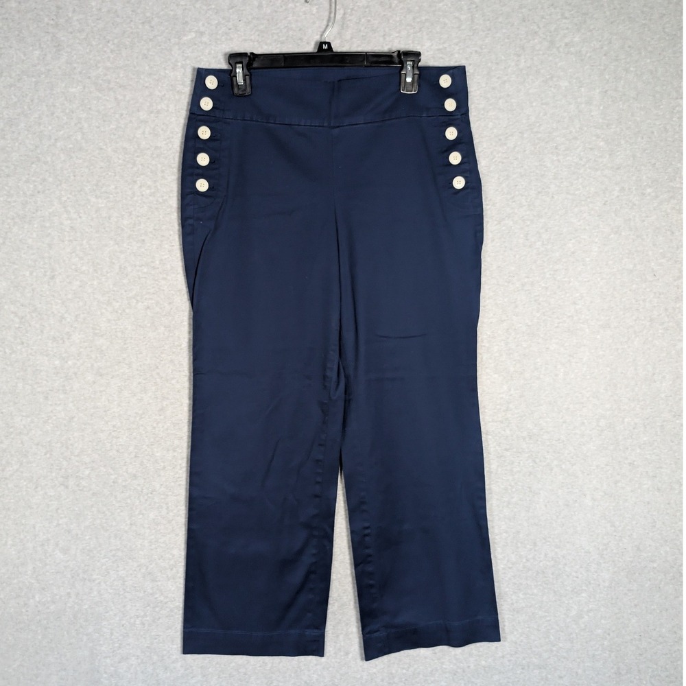 Talbots Nautical Sailor Pants Womens 12P Navy Blue Button Detail Cropped Coastal